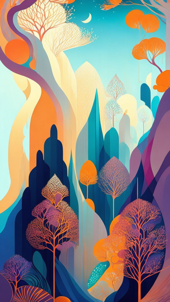 Colorful Stylized Landscape with Vibrant Trees, Flowing Hills, and Pointed Mountains