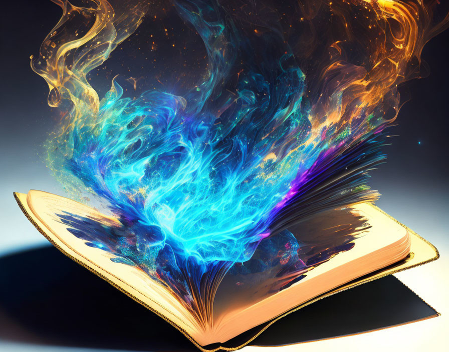 Vibrant Blue and Orange Flames on Open Book Symbolize Magical Knowledge