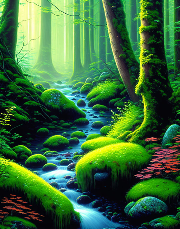 Tranquil forest scene with moss-covered rocks, sunlight, and lush greenery