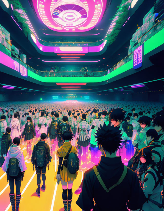 Vibrant futuristic cityscape with anime characters and neon signs