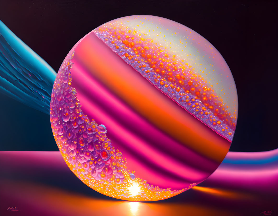 Colorful fantasy painting: textured sphere in pink, orange, and yellow against dark space