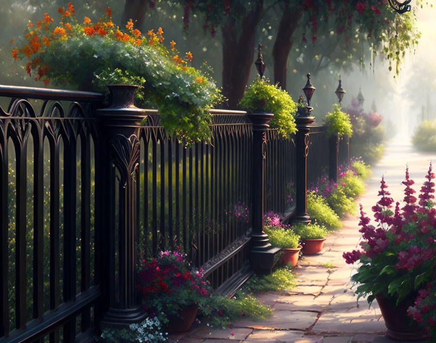 Scenic pathway with black iron fencing, lamp posts, and vibrant flowers in soft sunlight.