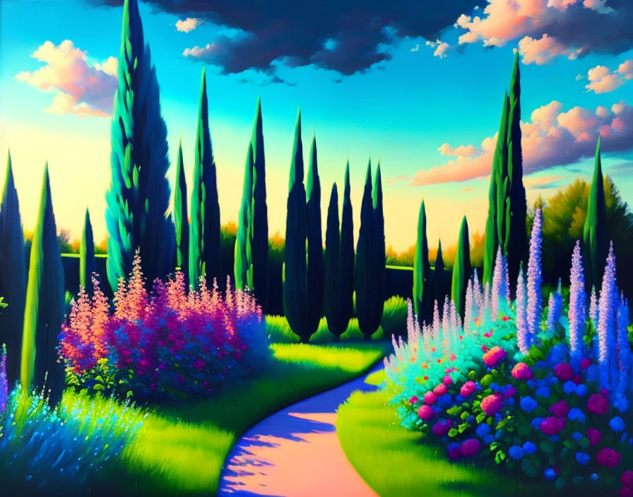 Colorful Landscape Painting: Winding Path, Cypress Trees, Blooming Flowers