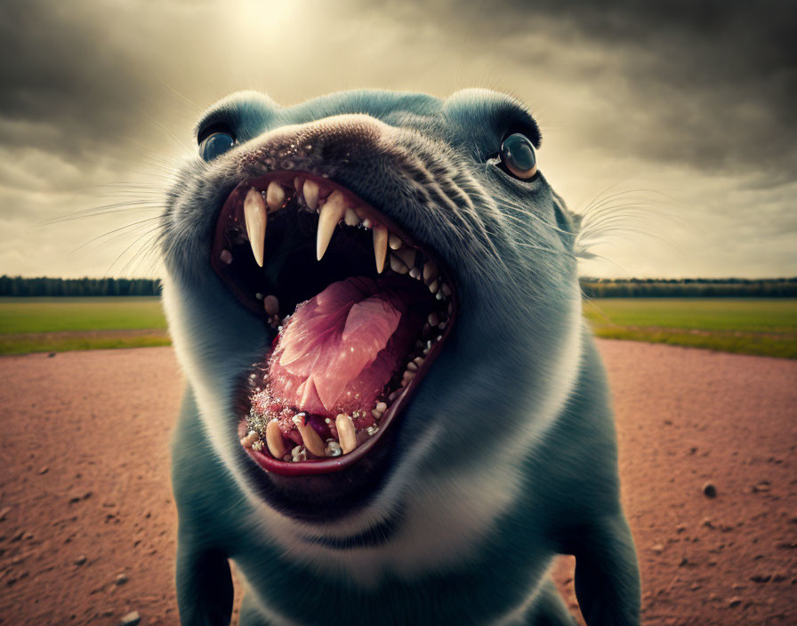 Exaggerated seal with sharp teeth on dusty ground against cloudy sky