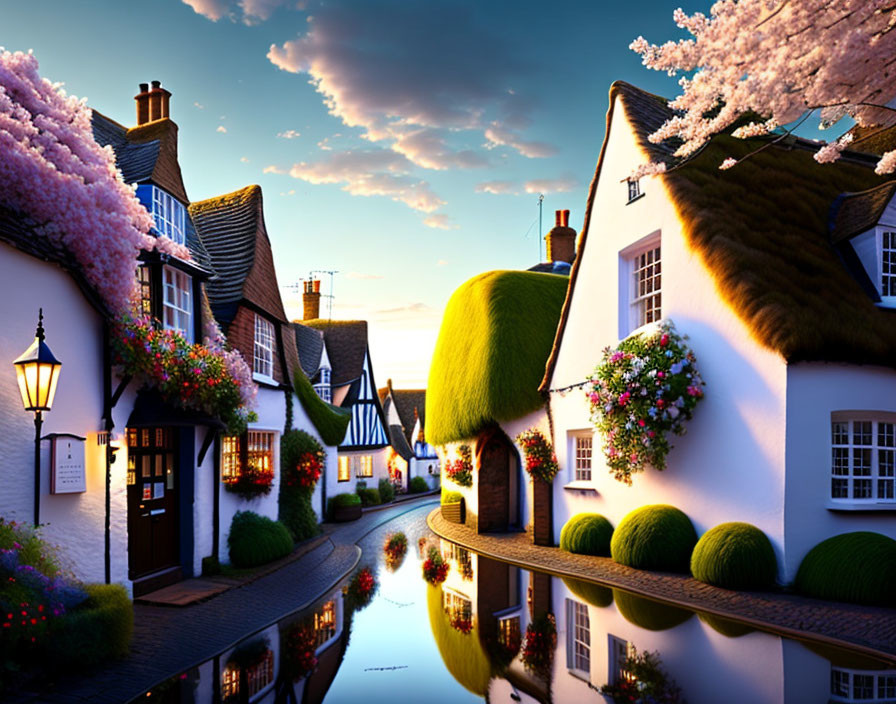 Picturesque Sunset Scene: Thatched Cottages, Cherry Blossoms, Waterway