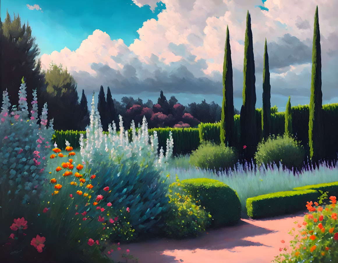 Tranquil garden with colorful flowers, trimmed hedges, tall cypress trees