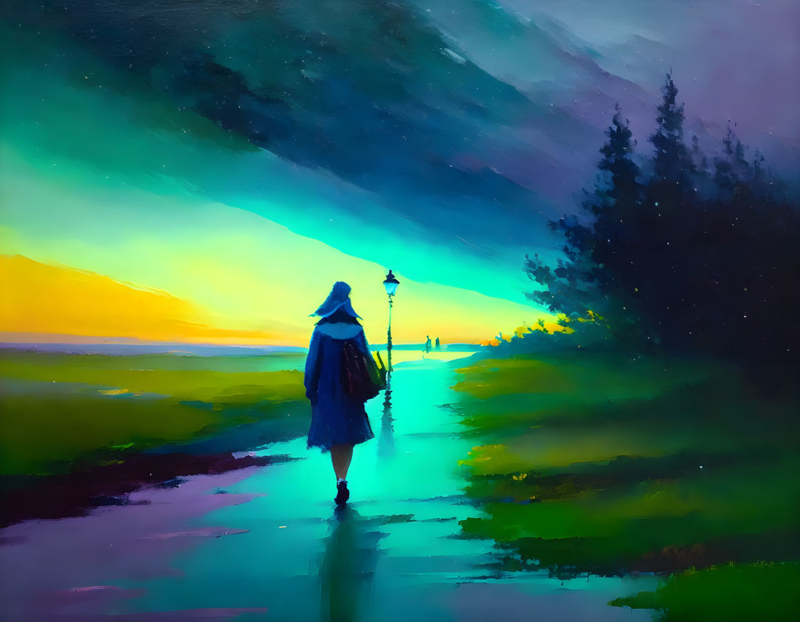 Cloaked figure walking on path at sunset with street lamps and trees