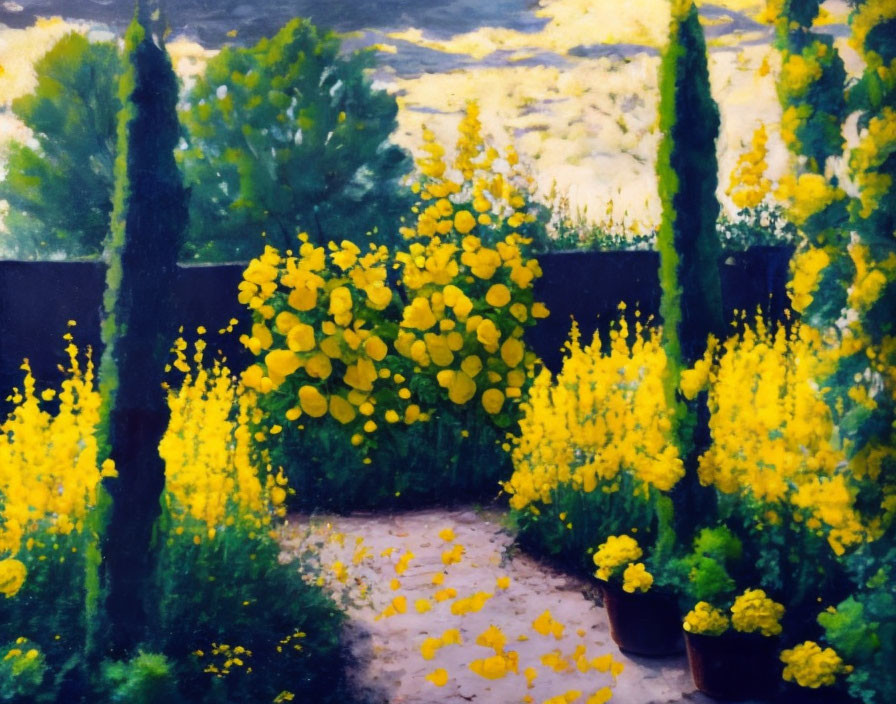 Vibrant painting of blooming garden with yellow flowers and cypress trees