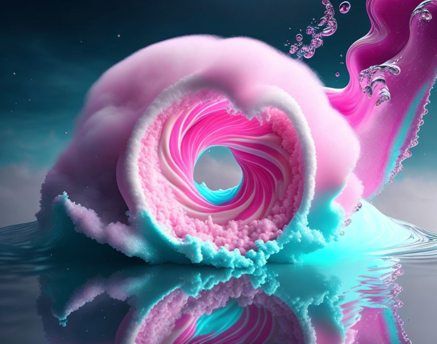 Colorful 3D illustration of swirling pink and turquoise tunnel on reflective water surface