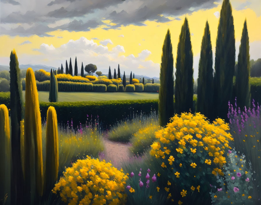 Tranquil landscape painting with cypress trees and yellow flowers