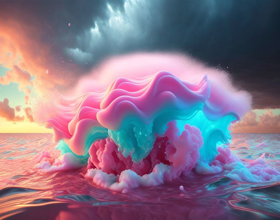 Surreal wave with pink and blue hues against colorful sunset sky