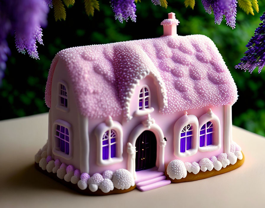 Whimsical pink cottage cake with white accents in a floral setting