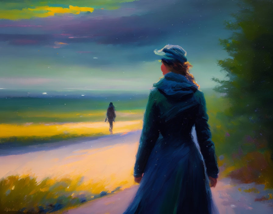 Woman in Blue Dress and Hat on Beach Path at Twilight