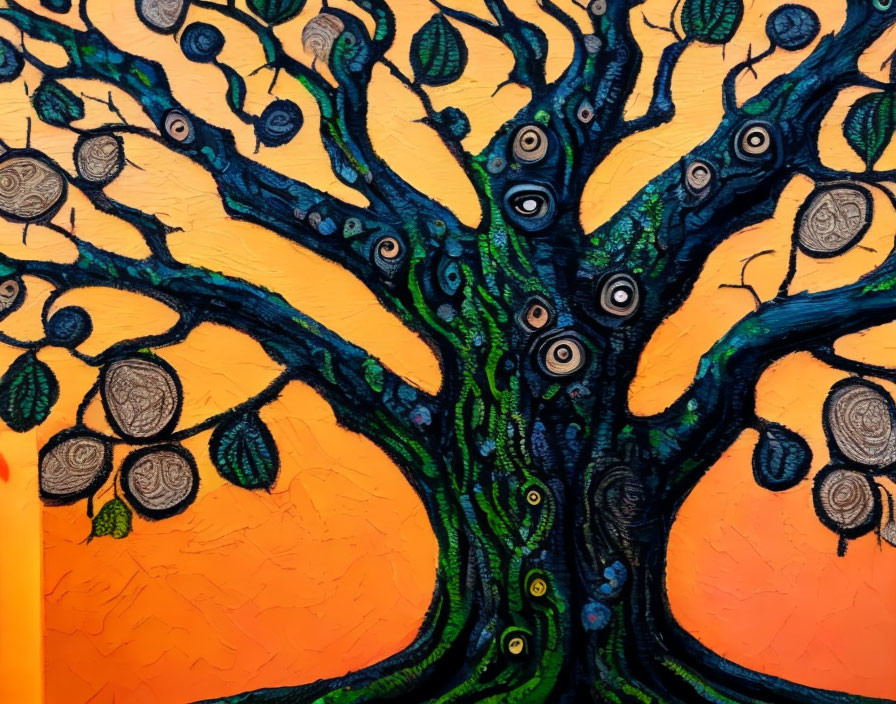 Colorful abstract tree art with swirling patterns and eyes on orange background