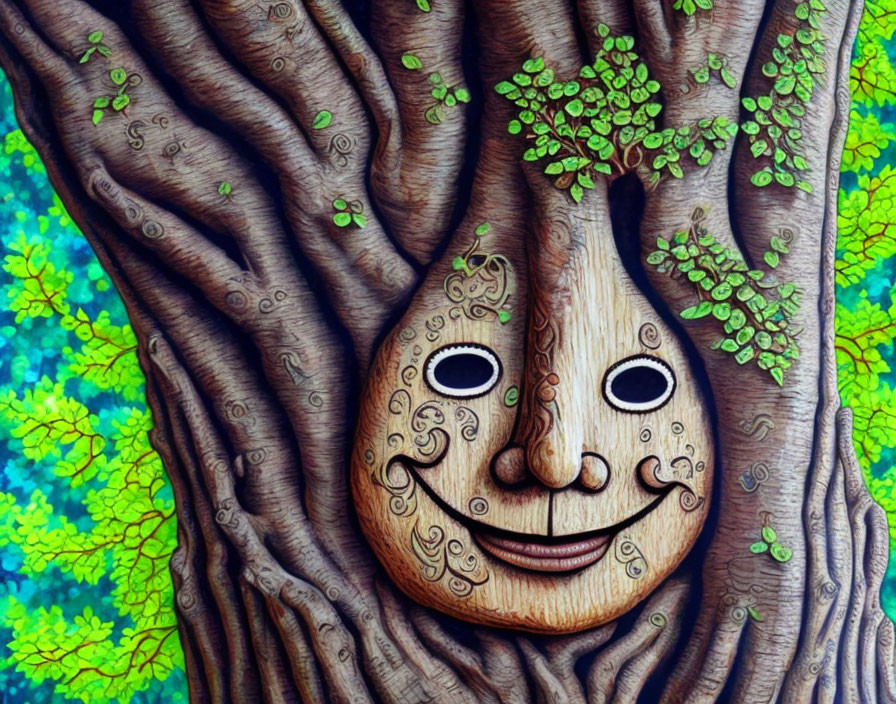 Smiling tree face with intricate designs in vibrant forest scene