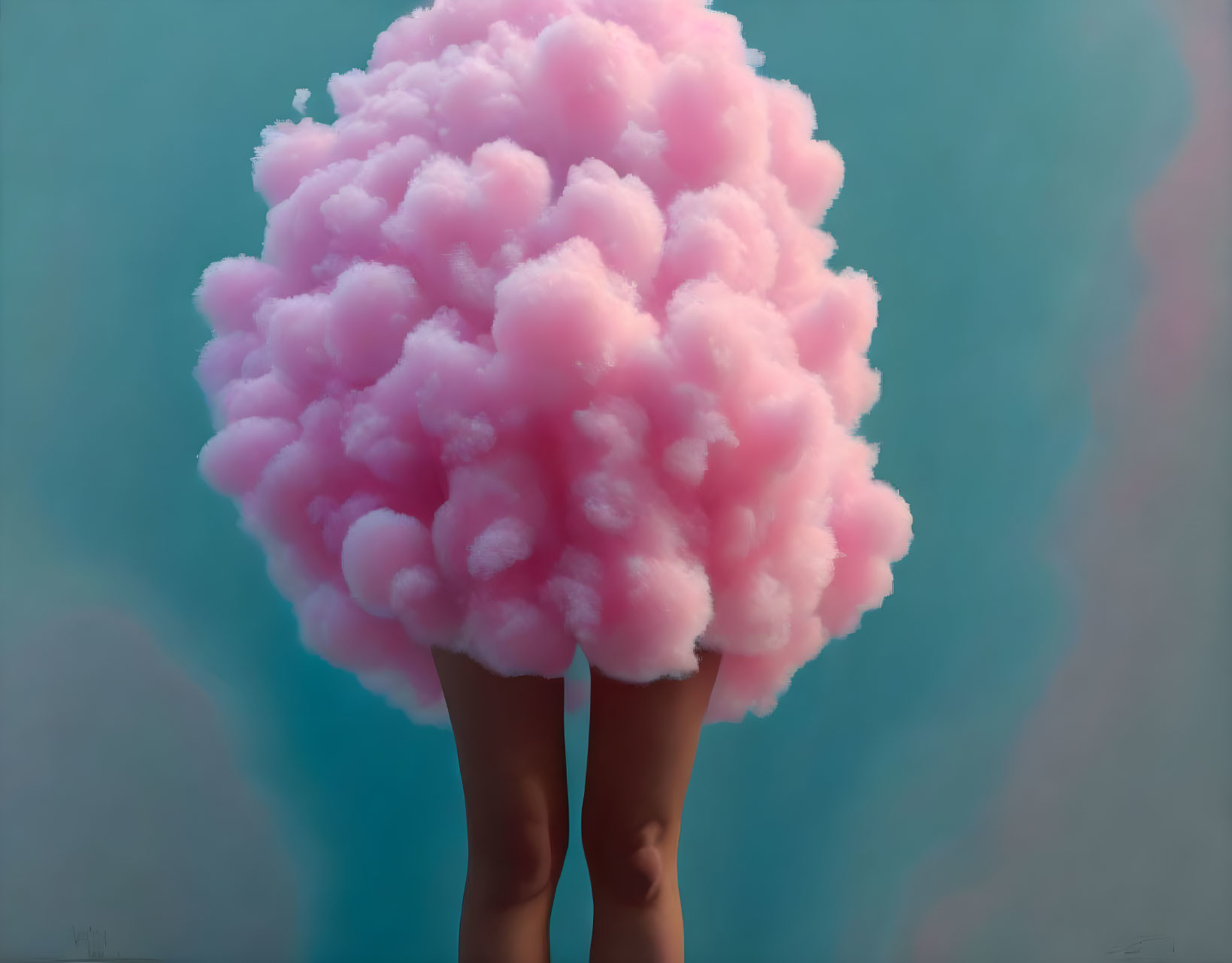 Person obscured by pink cloud on teal background