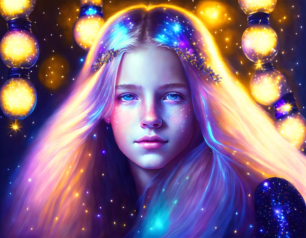 Multicolored hair young girl in cosmic-themed digital art