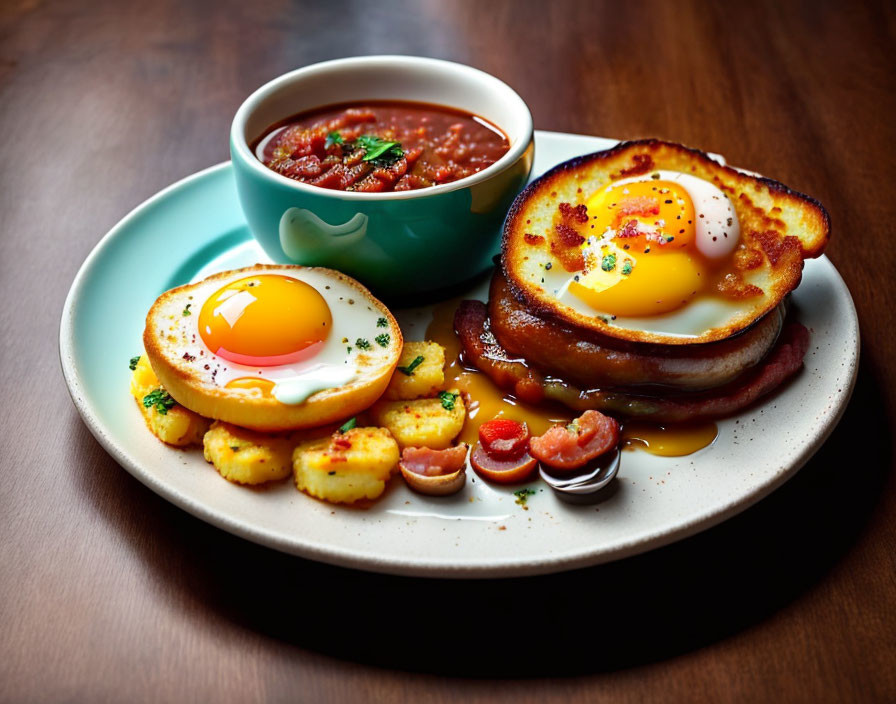 Savory breakfast plate with eggs, sausage, tomatoes, beans, and hash browns