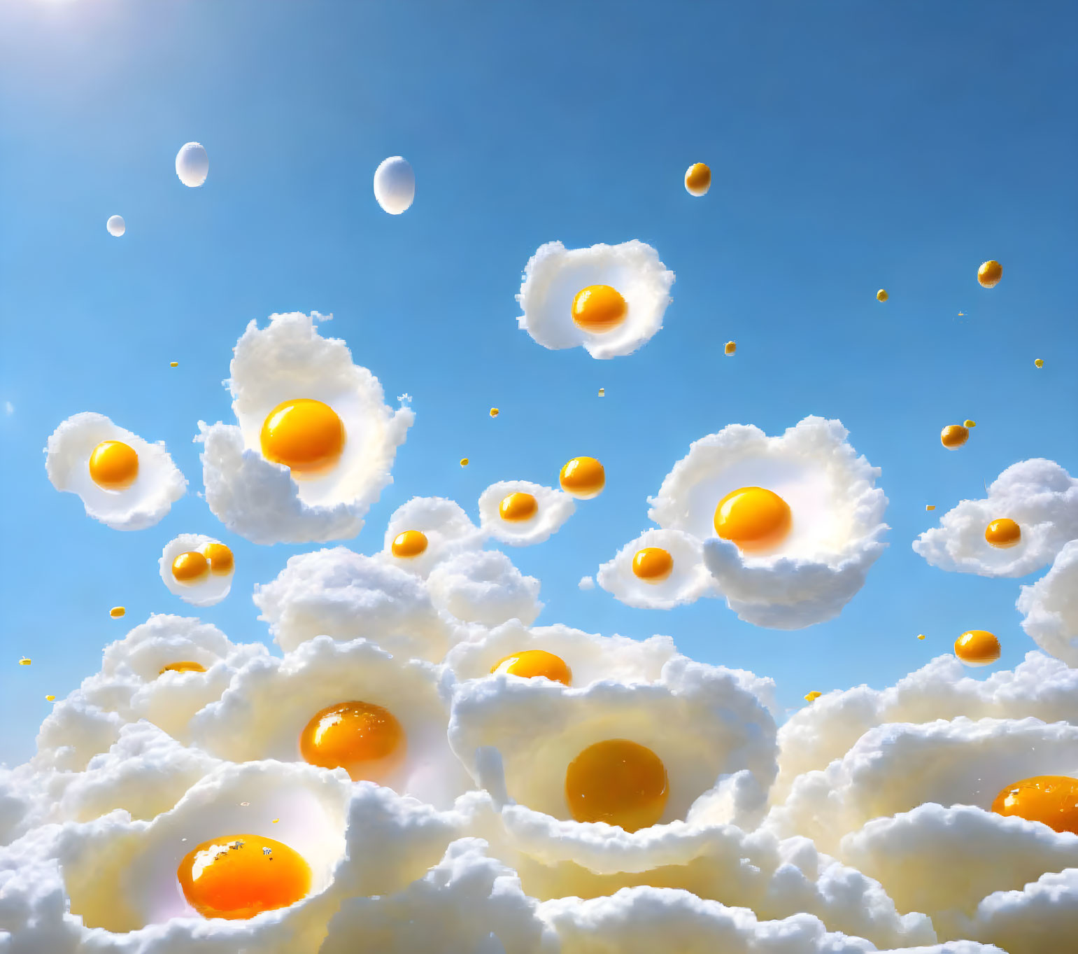 Surreal sky with fried egg clouds and sun-like yolks on blue backdrop