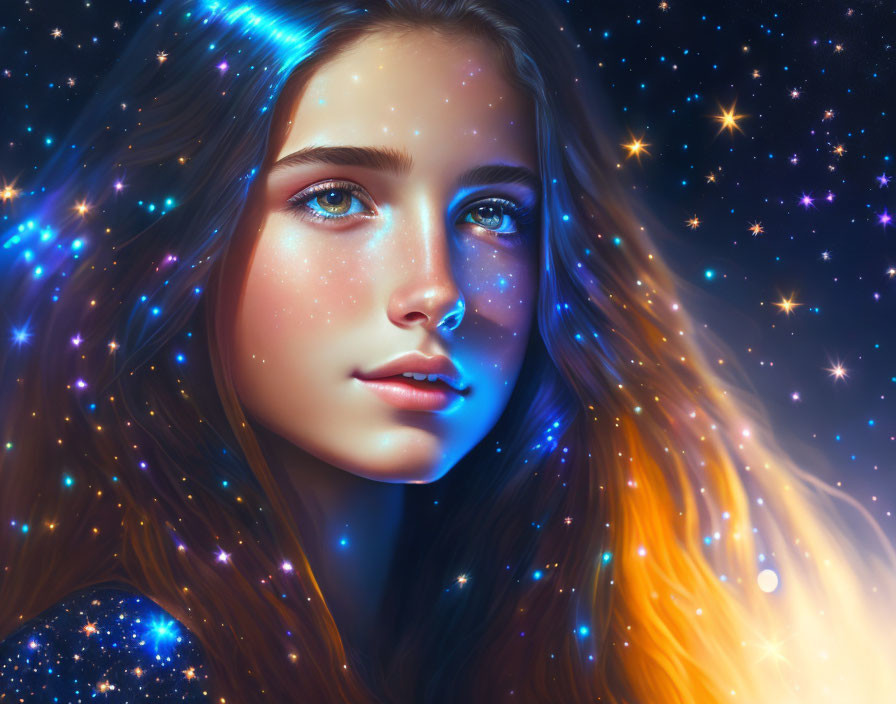 Digital artwork: Woman with long hair merging into starry night sky