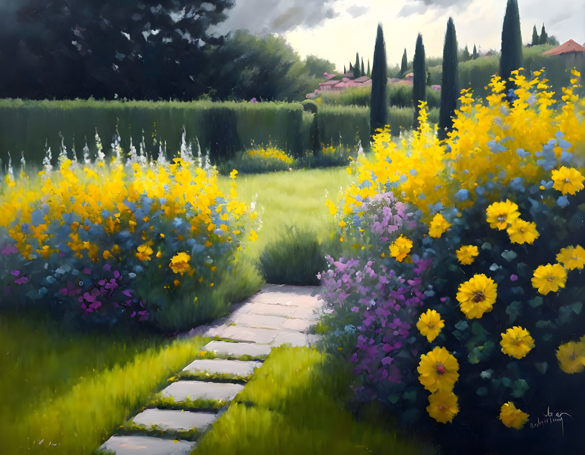 Tranquil garden path with yellow and purple flowers and tree-filled landscape