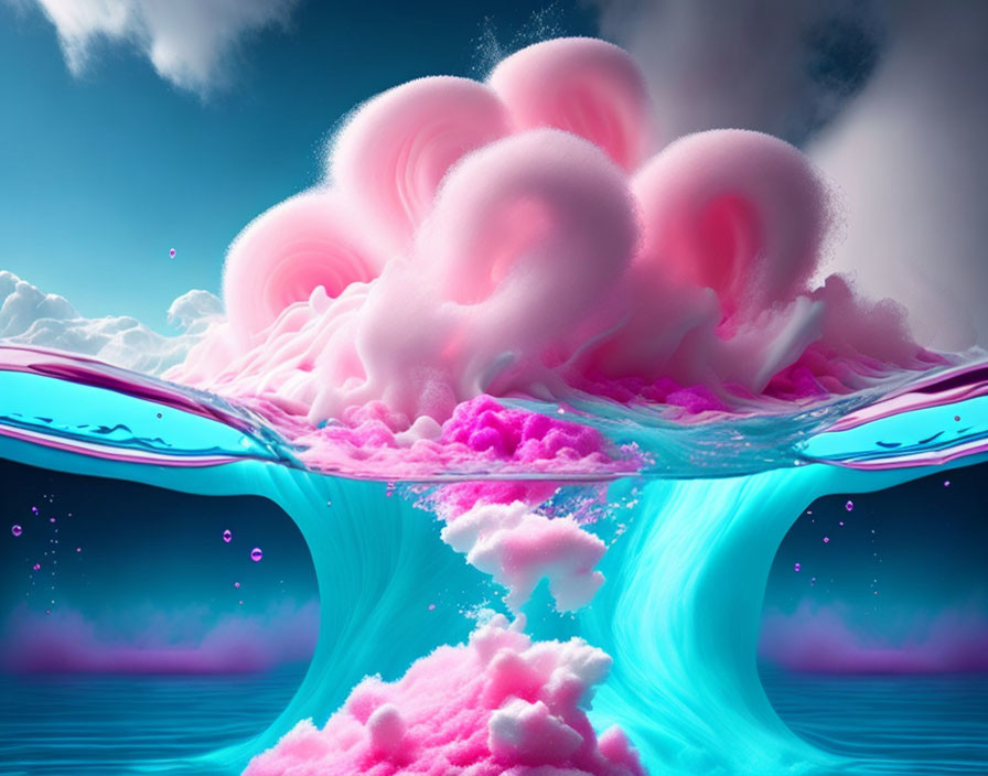 Surreal image of vibrant pink clouds and cotton-candy-like formations above mirrored water surface