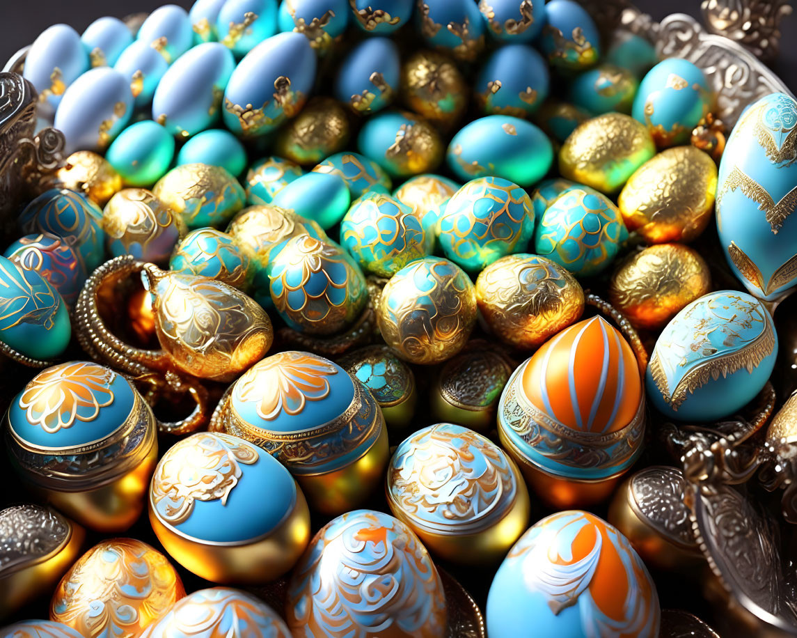 Intricately Decorated Easter Eggs in Blue and Gold Hues