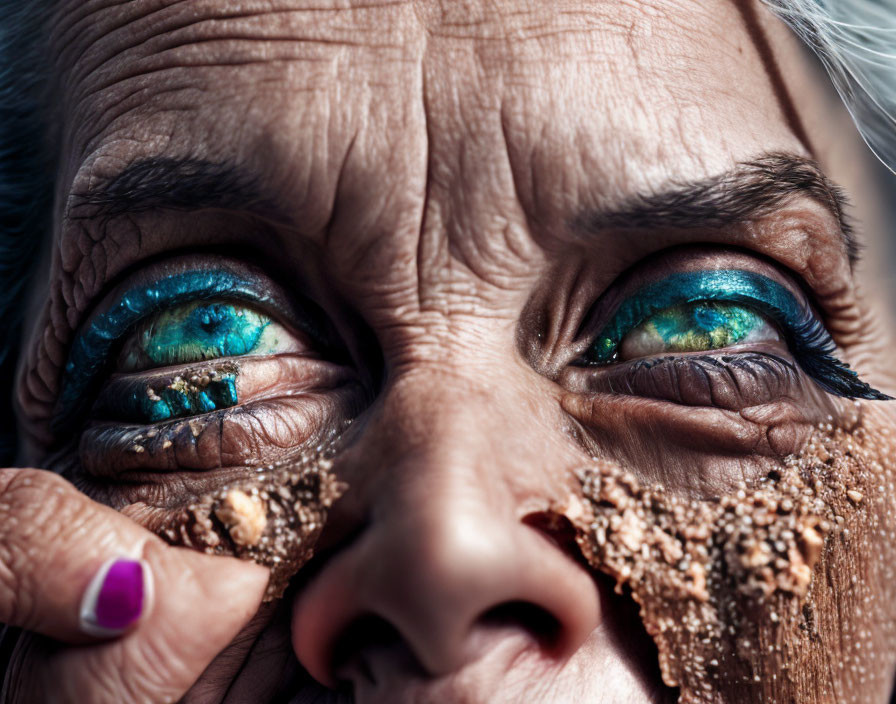 Elderly Person with Vivid Blue Eyes and Purple Nail Polish Hand Applying Sandy Texture