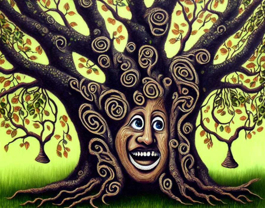 Cartoonish painting: Smiling face tree with spiral branches