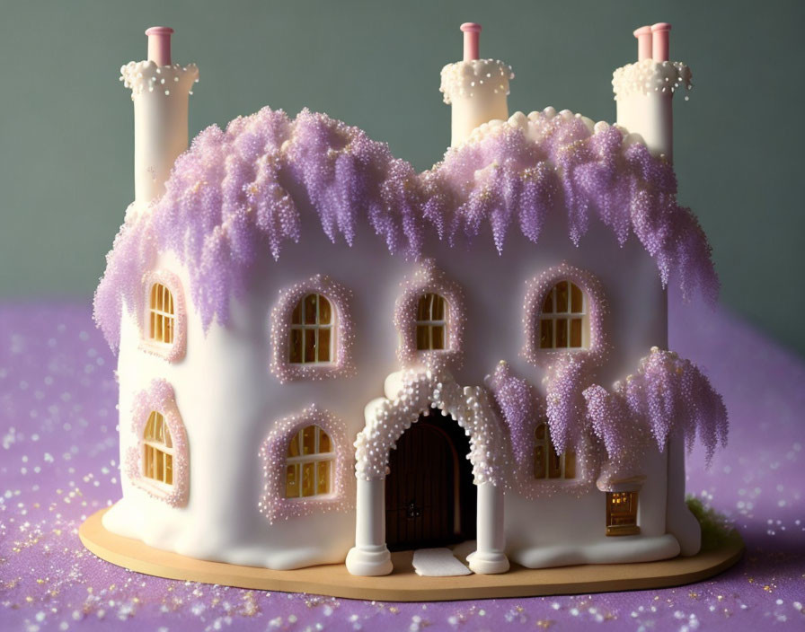 Whimsical purple sugary fairytale cottage with frosting and sprinkles