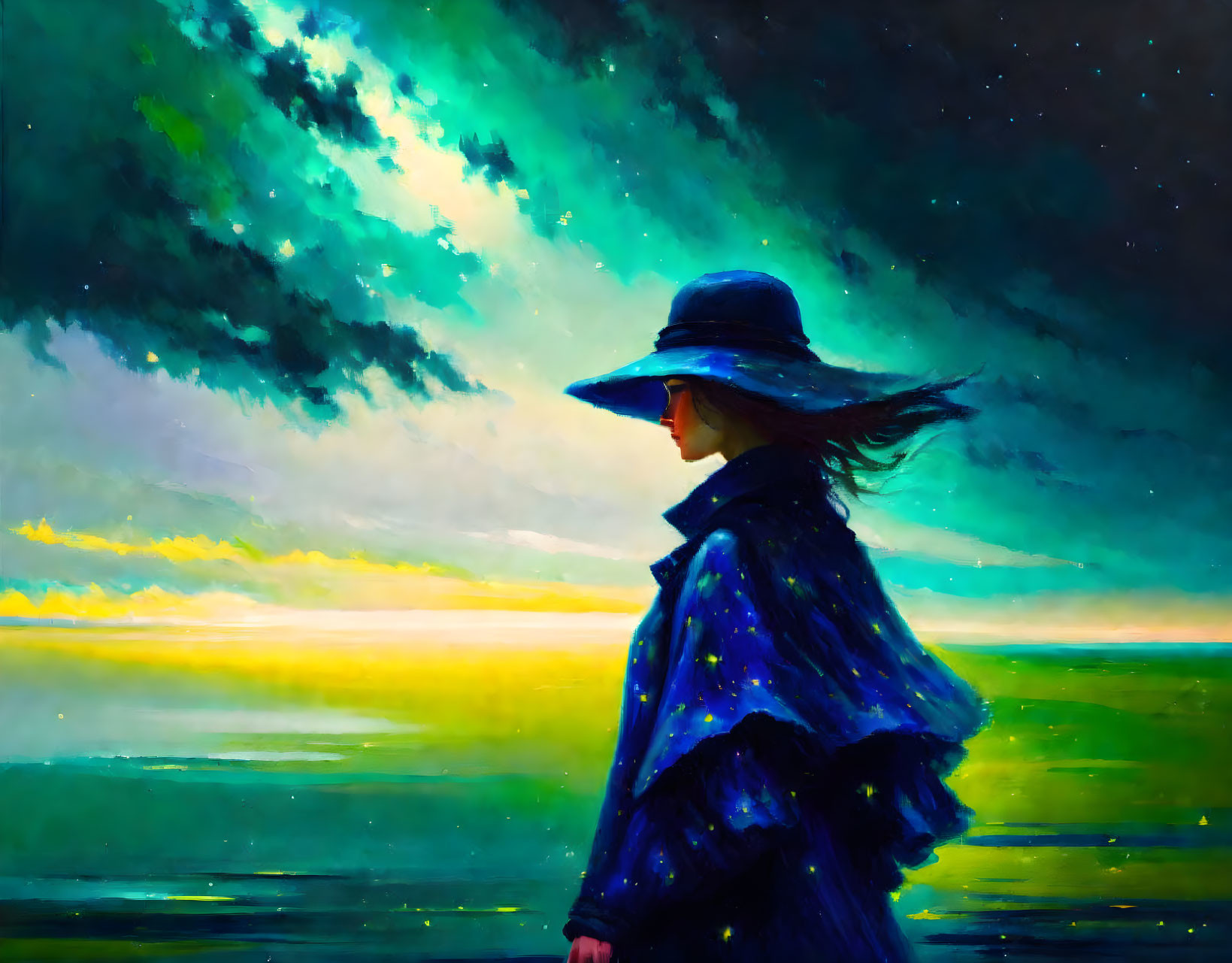 Person in Wide-Brimmed Hat and Coat Against Starlit Sky and Ocean Sunset