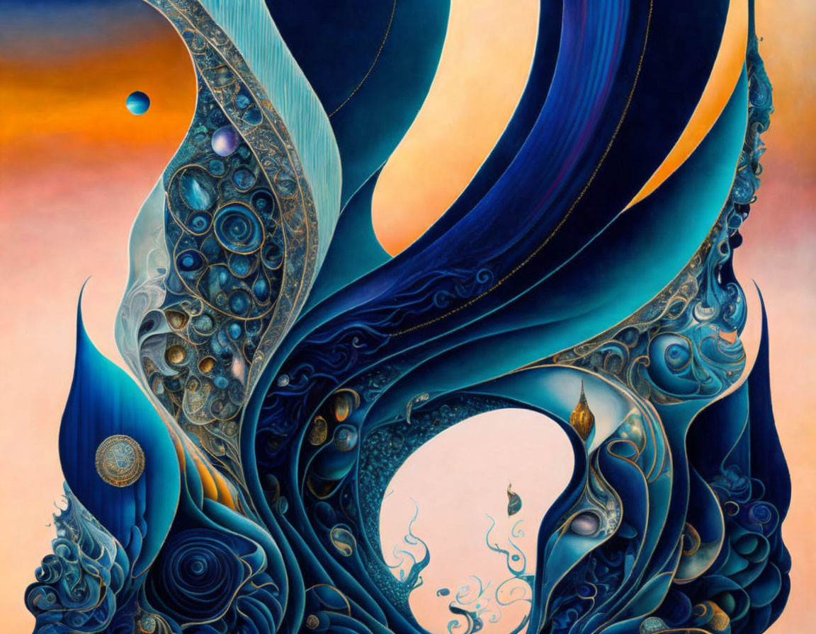 Swirling Blue Patterns on Warm Orange Background