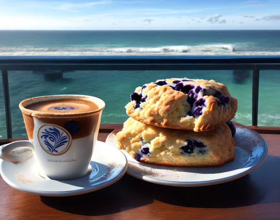 Latte with Latte Art and Blueberry Scones on Plate by Coastal View