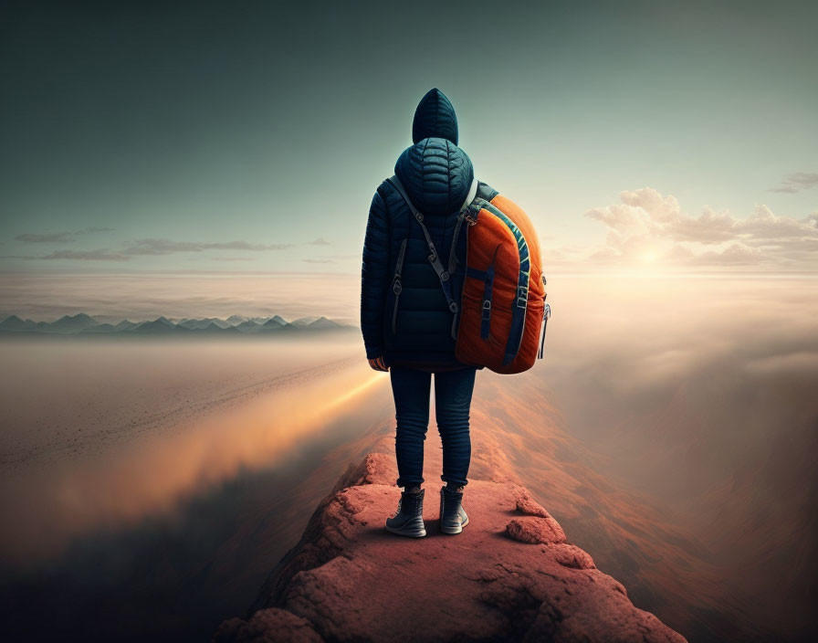 Hooded figure on cliff at misty desert sunrise/sunset