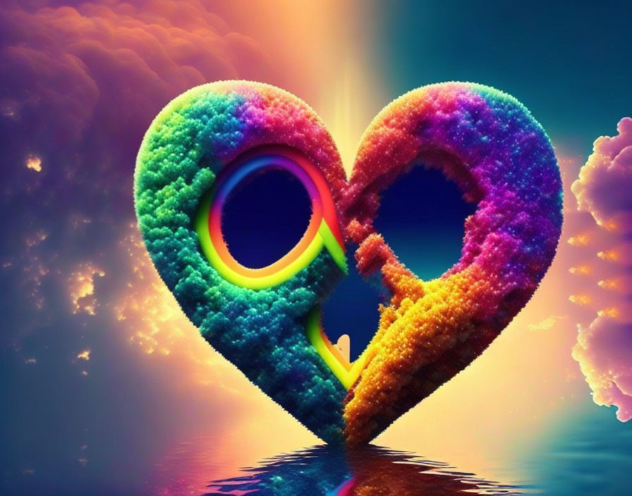 Colorful Heart Artwork with Rainbow Spectrum and Cosmic Sky Background