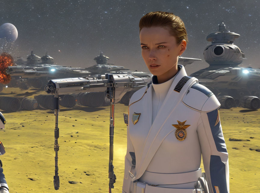 Futuristic woman in white military uniform on desert terrain with spacecraft and satellites.