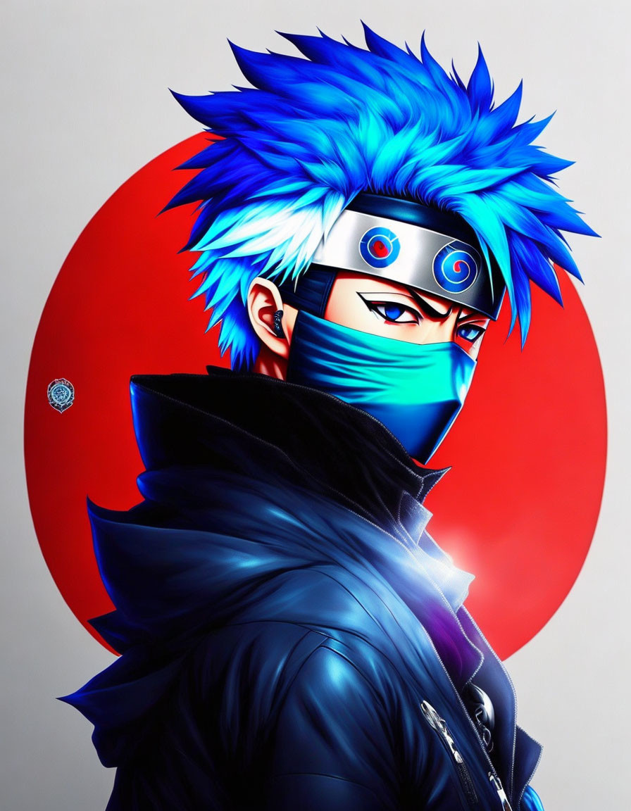 Anime character with spiky blue hair in mask and headband on red circle background