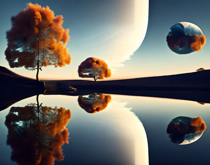 Orange Trees and Ringed Planet in Surreal Landscape