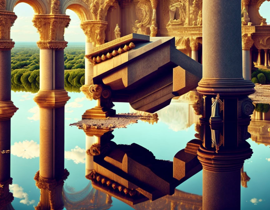 Surreal landscape with classical columns and mirrored water