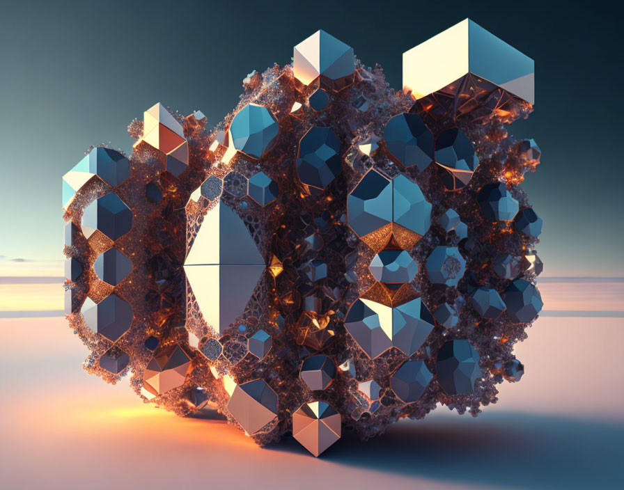 3D-rendered geometric structure with interconnected cubes and fractal elements on warm-hued horizon