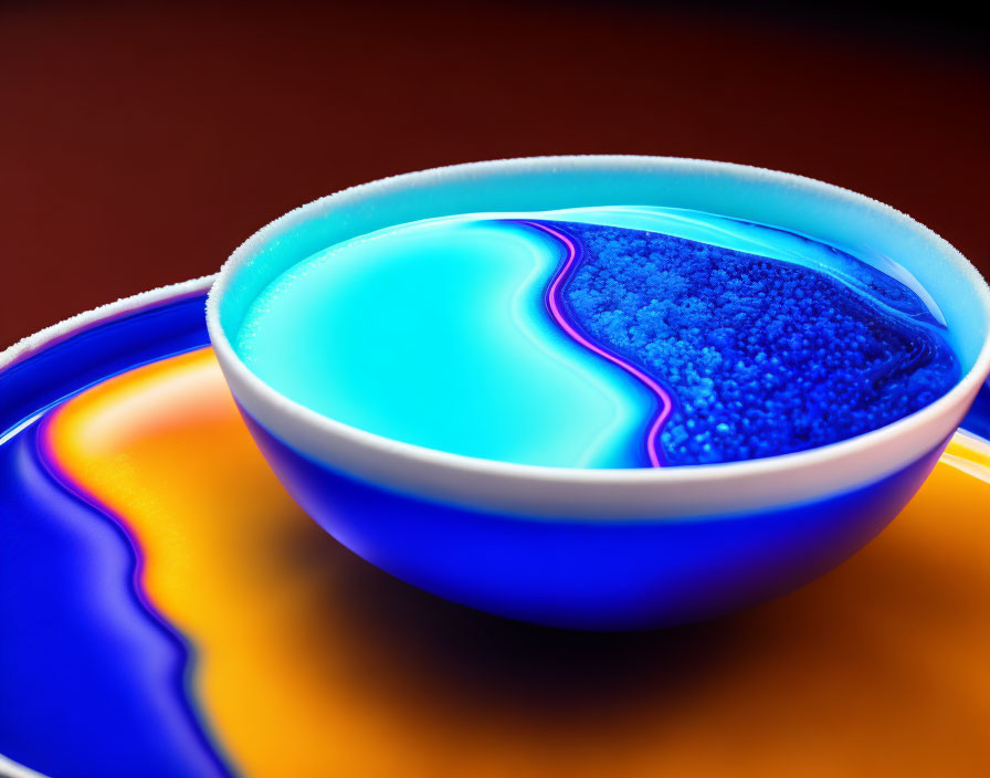 Vibrant digital artwork: bowl with blue liquid on red to dark blue gradient