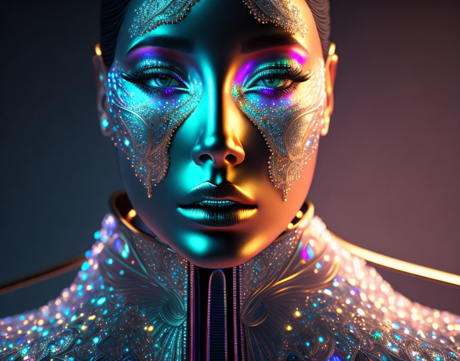 Detailed futuristic makeup and ornate costume in vibrant blue and golden hues on a dark background.