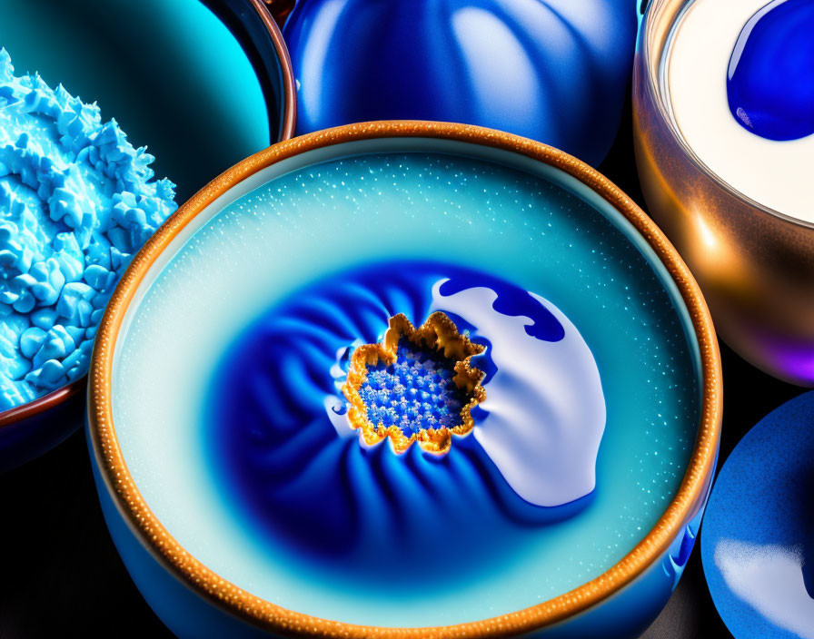 Vivid Blue and White Liquid Art with Golden Accents in Round Containers