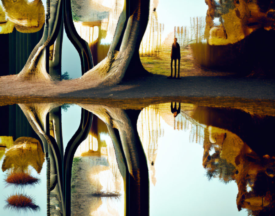 Surreal reflection of upside-down trees on calm water