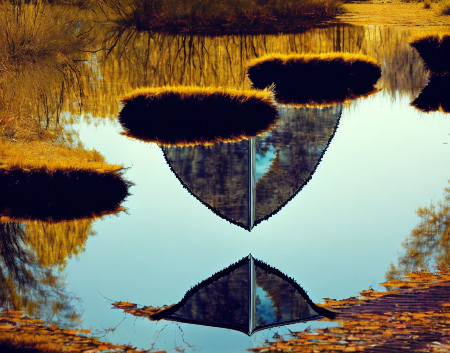 Inverted photo of serene lake reflection with symmetrical triangular form