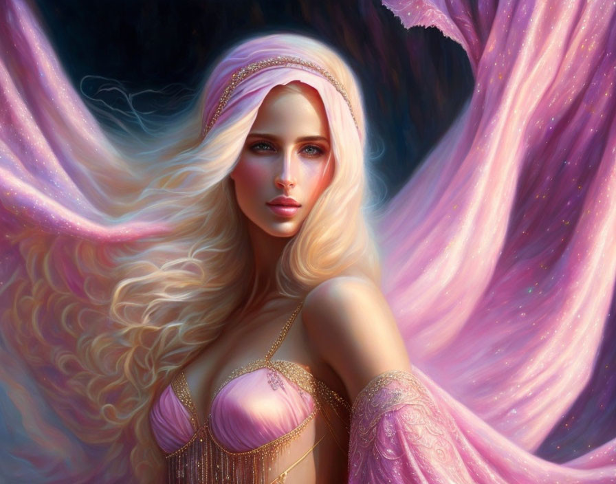 Golden-haired woman in pink gown glowing in fantasy artwork