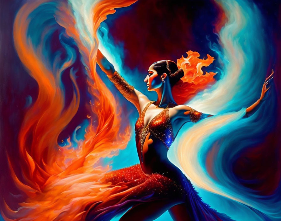 Colorful artwork of dancer with red and blue flames swirling around