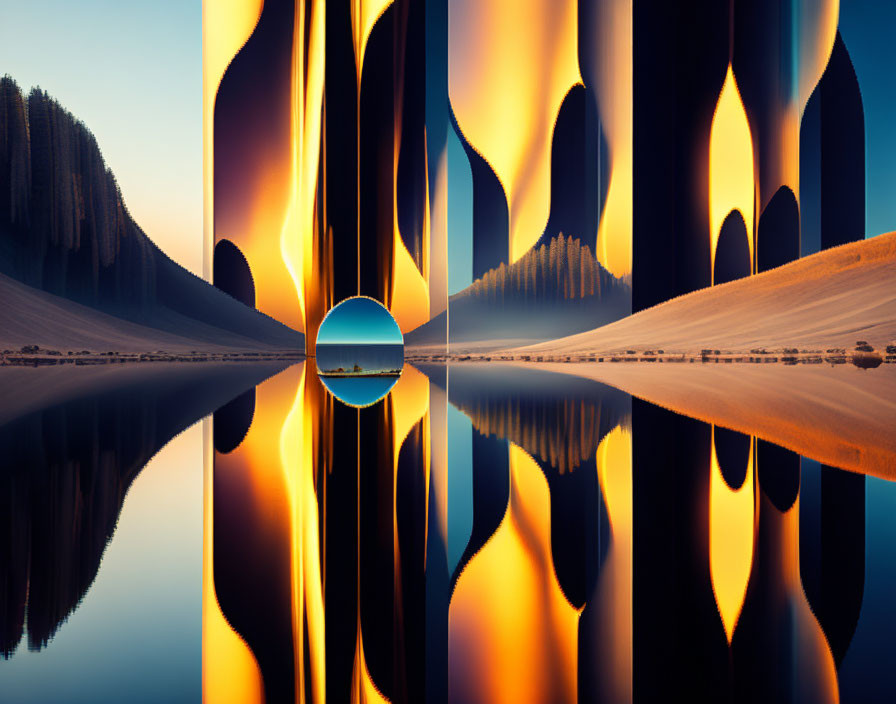 Mirrored desert dunes and glossy shapes in surreal landscape