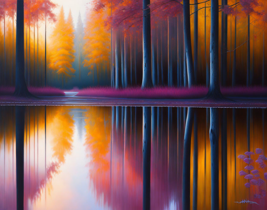 Tranquil autumn forest with tall trees by a reflective lake