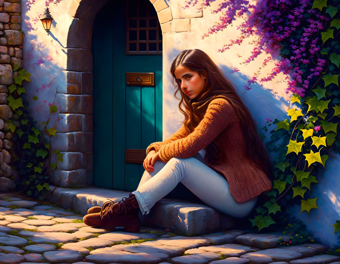 Young woman on stone doorstep by blue door amidst cobblestones and flowers